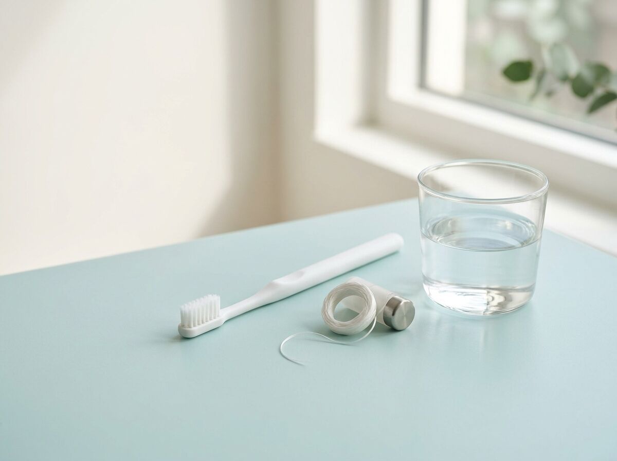 Toothbrush, dental floss and a glass of water