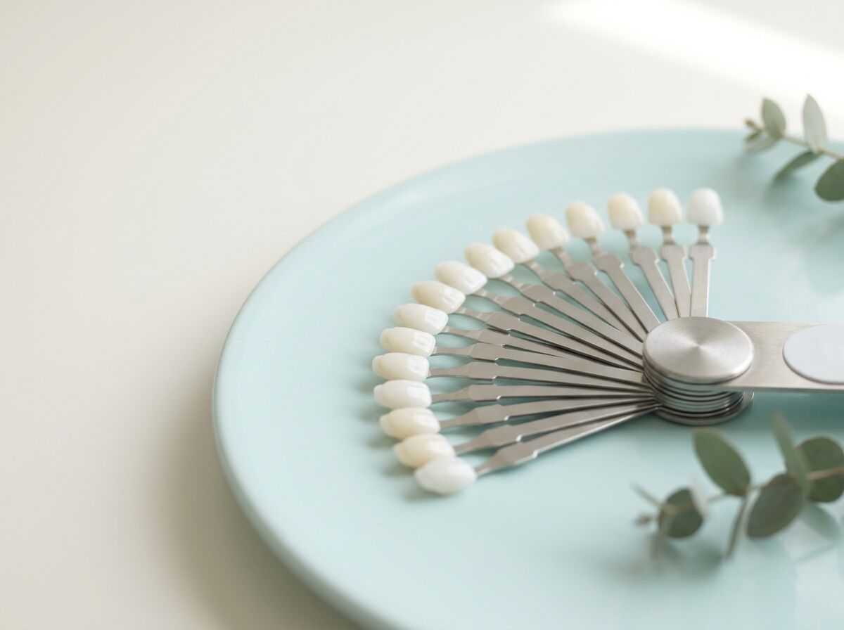 A fan of porcelain veneer shade guide tabs