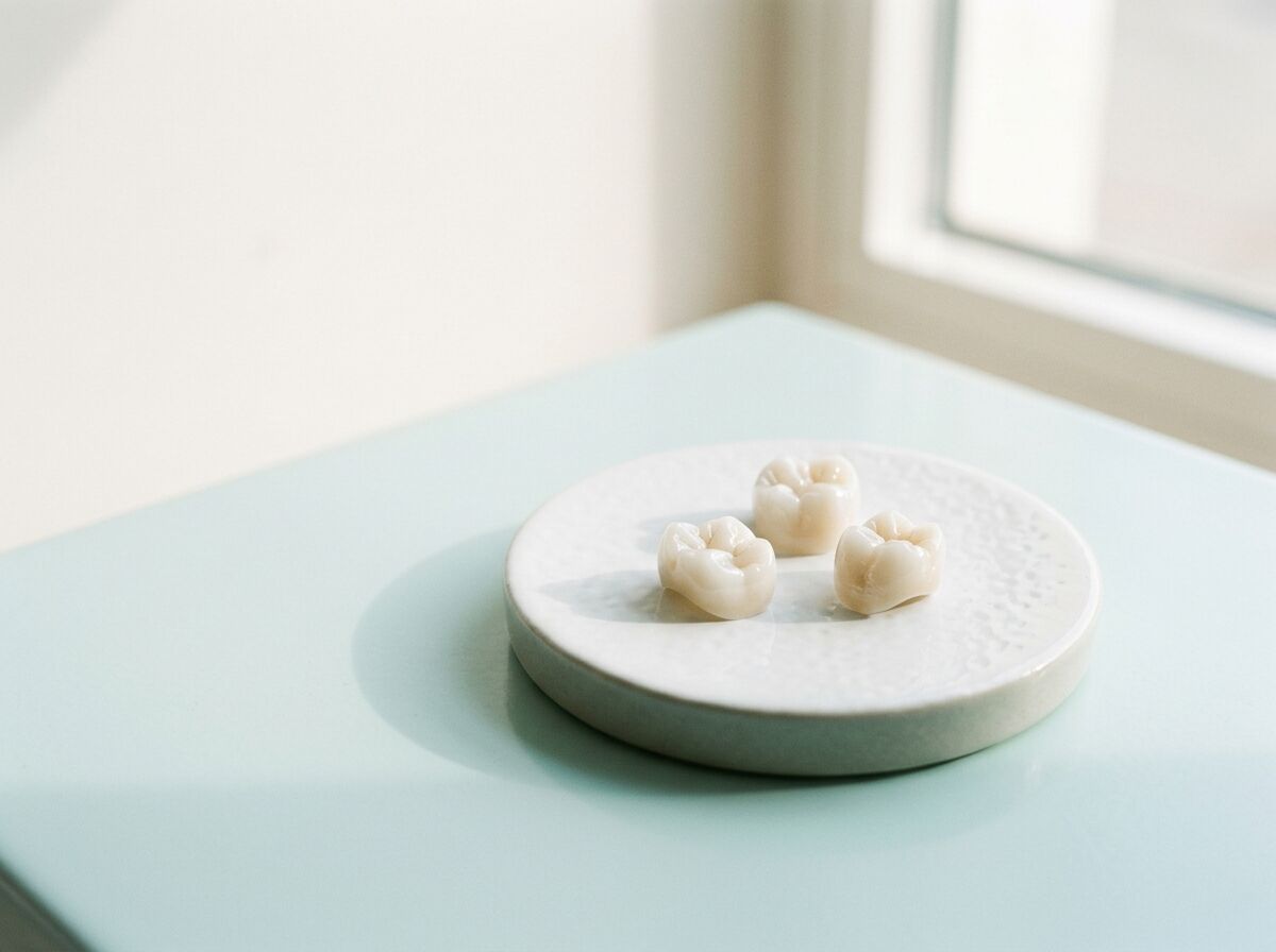 Porcelain dental crowns on a small ceramic dish