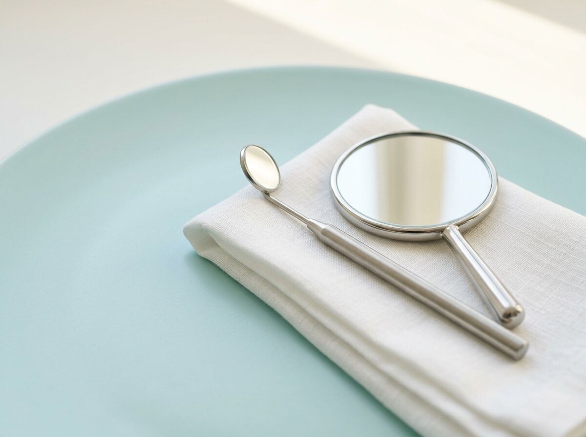 Dental mirror and hand mirror on a folded linen napkin