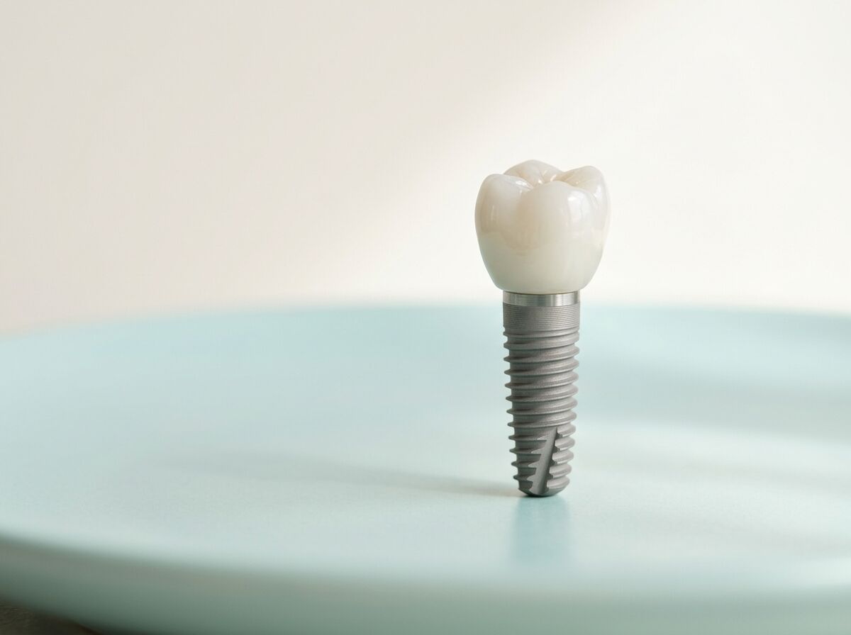 Titanium dental implant with a porcelain crown