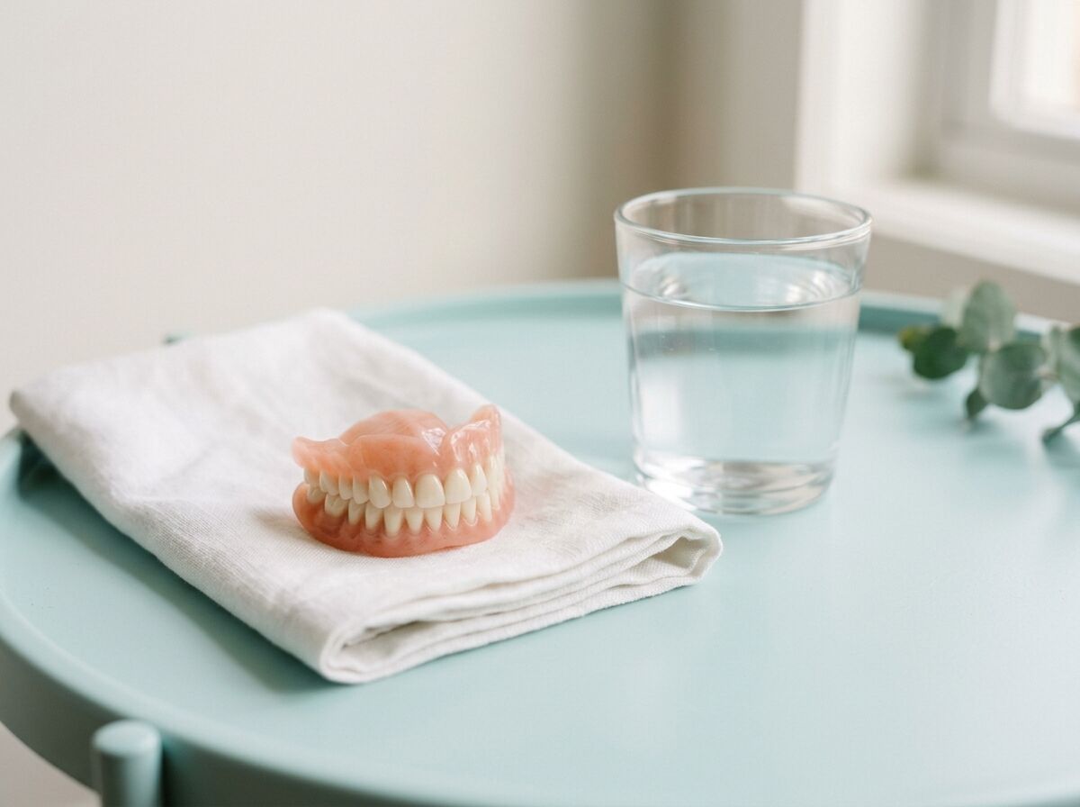 A complete denture on a linen cloth beside a glass of water
