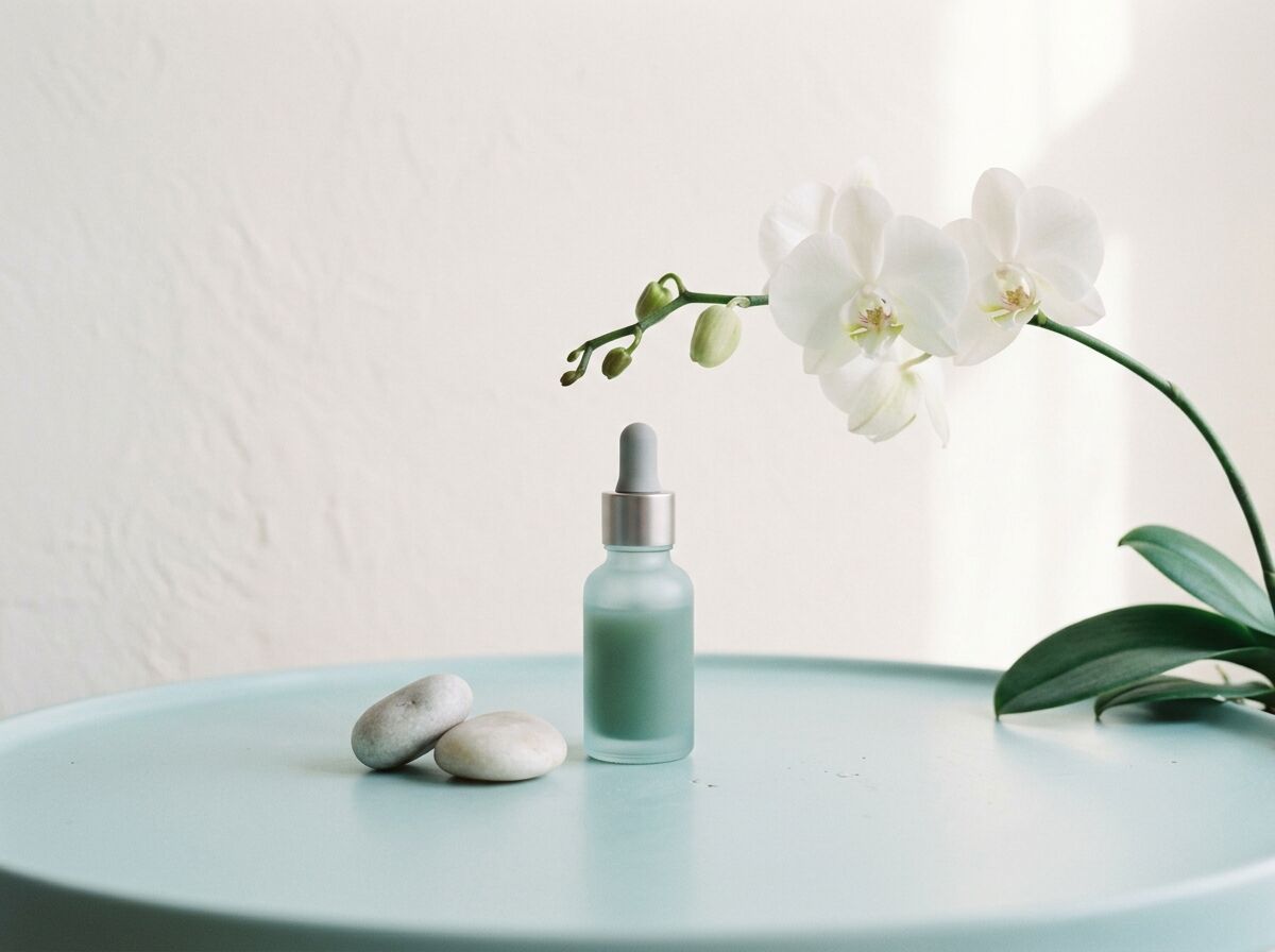 Glass serum bottle, smooth stones and a white orchid