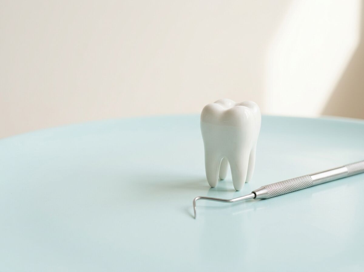 Porcelain model of a molar beside a dental probe