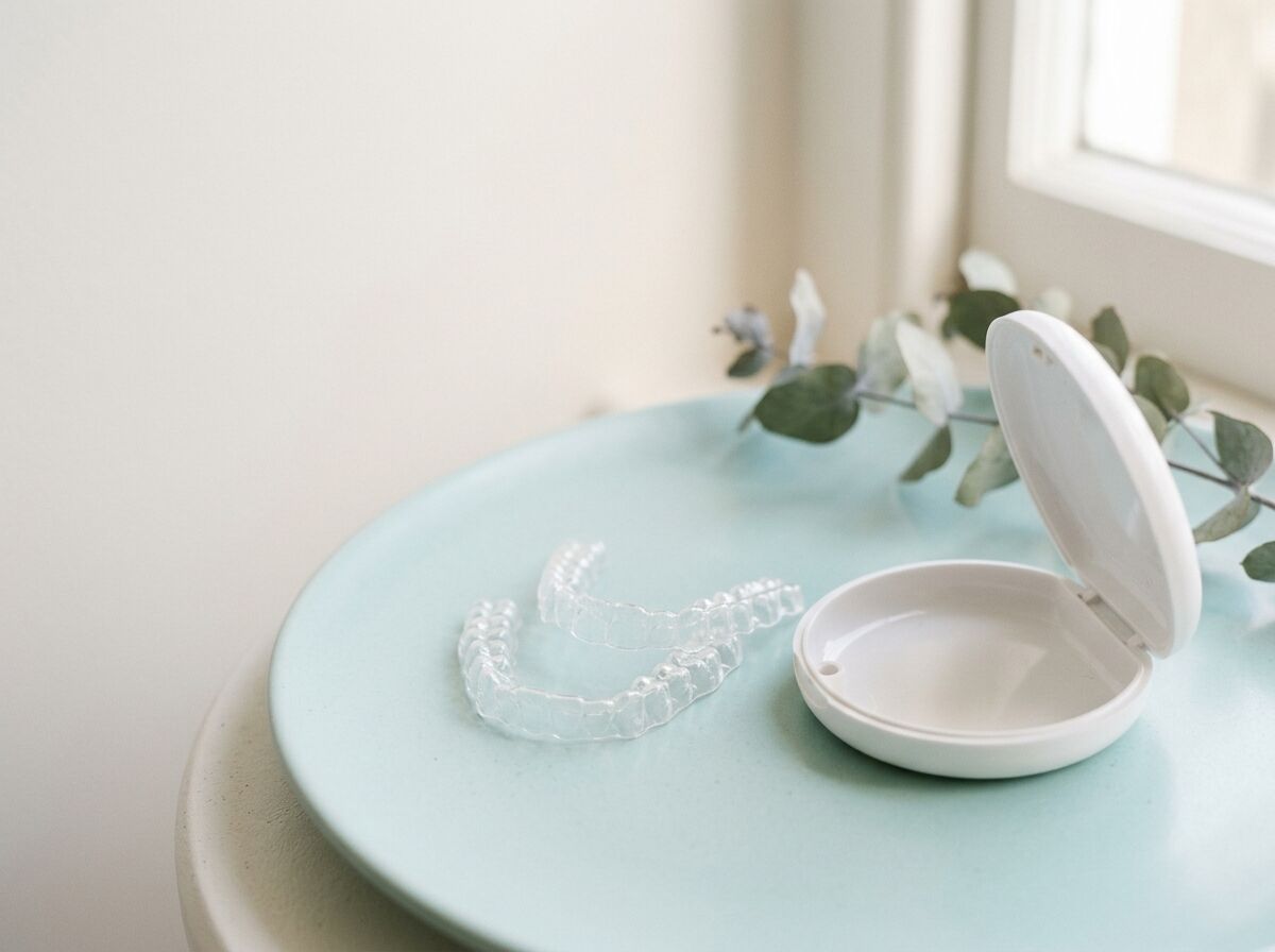 Clear aligner trays beside an open aligner case