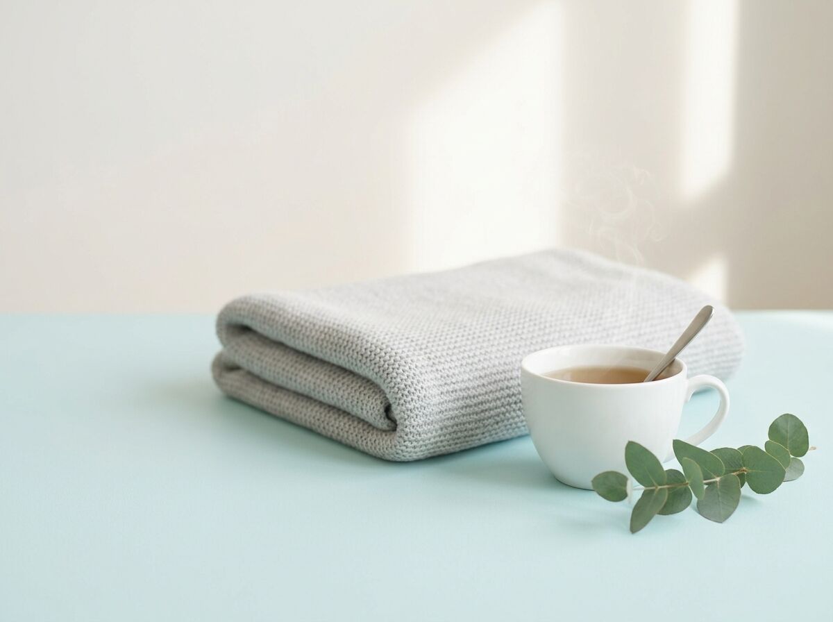 Folded blanket and a cup of herbal tea, a calm still life