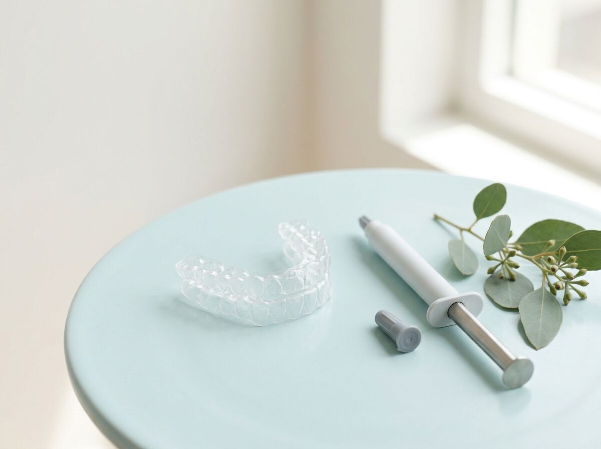 Clear custom whitening trays beside a whitening gel syringe